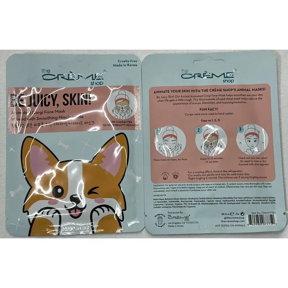 The Crème Shop Be Juicy Skin Corgi Face Masks Set of 2 Niacinamide K Beauty